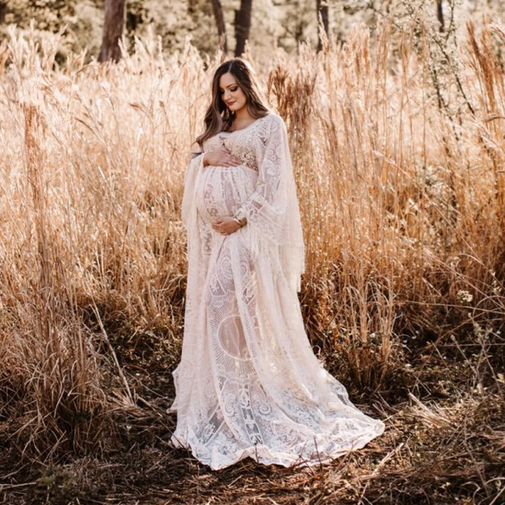 Vintage Boho Lace Maternity Dress Long Bell Sleeves Maxi Pregnant Gown Party Evening Robe for Women Photo Shoot Baby Shower Gift