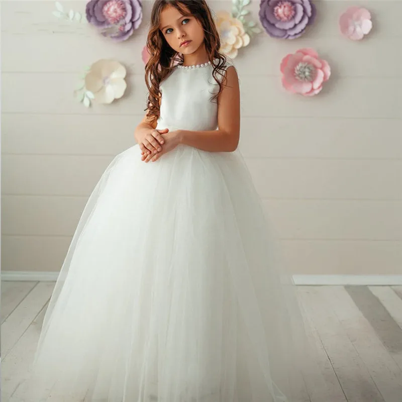 

A-Line Flower Girl Dress for Wedding Party Tulle Pearls Girls Birthday Dress Pageant Gown Kids Clothes Size 1-14Y