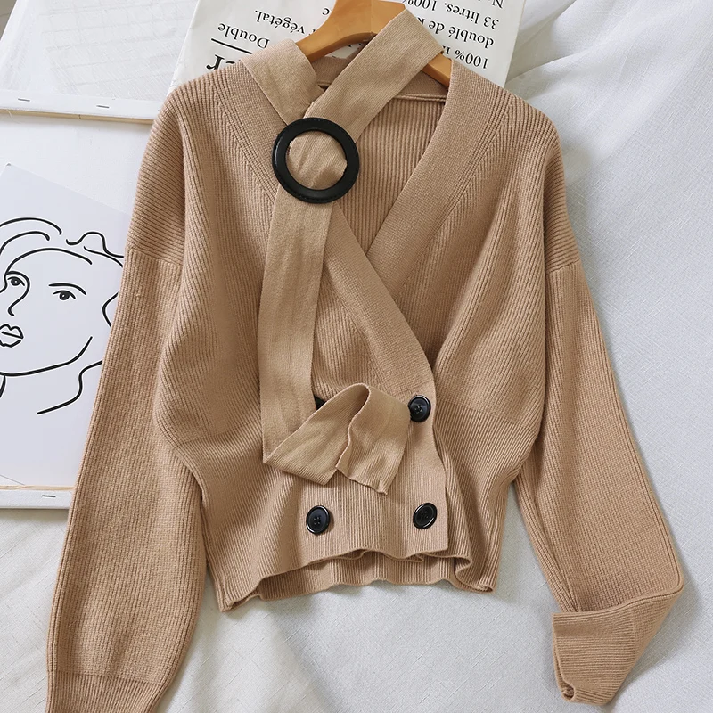 V-образный вырез на пуговицах с поясом V шеи свитер v-образный Для женщин Кардиганы