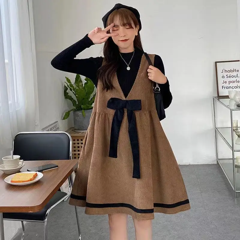 

Autumn women's dress corduroy college style Korean BOW STRAP skirt high waist stripe stitching fashion ins casual oversize dress