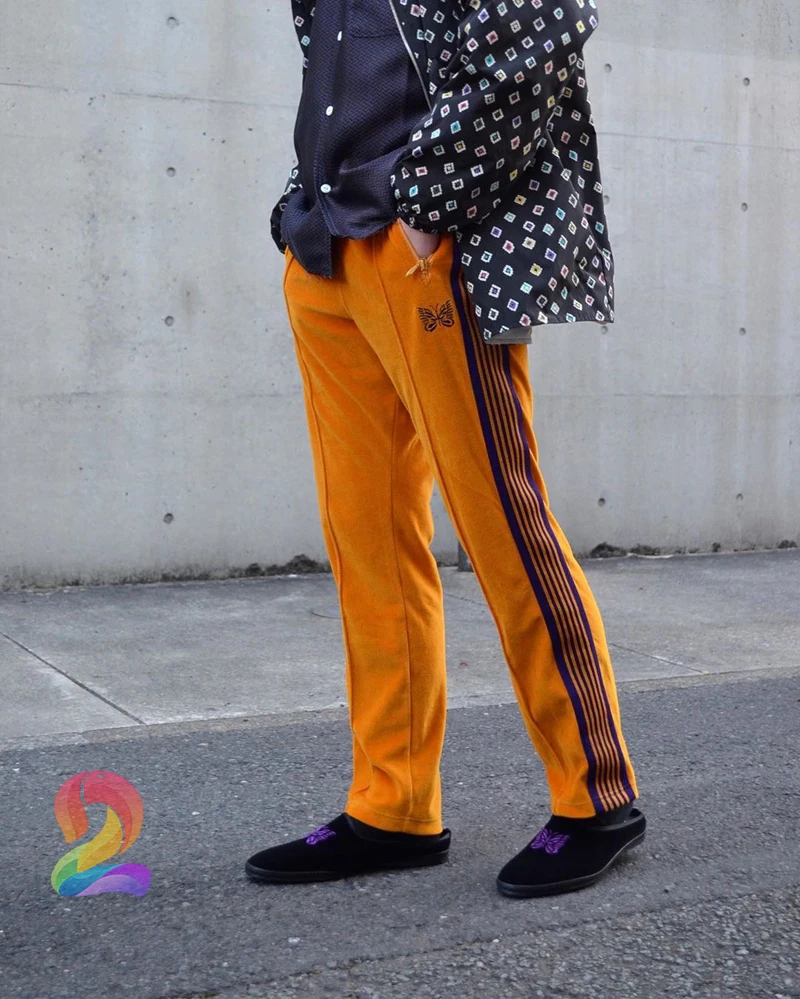 

AWGE Needles Sportswear High Quality Yellow Velvet Butterfly Embroidery Oversize Men Women's Sweatshirt Side Ribbons Sweatpants