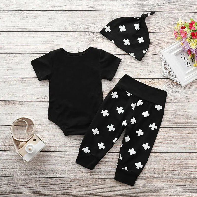Unisex Cute Baby Boy Girl Clothes Short Sleeve Funny Letter Print Romper +Long Pants +Hat Black 3PCS Outfits 0-18M | Детская одежда и