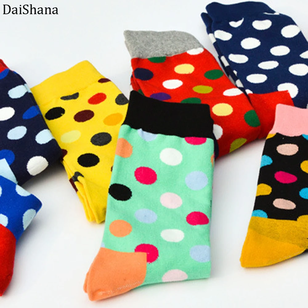 Модные цветные хлопковые мужские носки в горошек с надписью «Happy Socks», фирменные забавные носки Harajuku Caual, женская пара