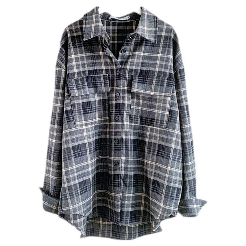 

Double Pocket Brushed Plaid Thin Jacket Long Sleeves Turn Down Collar Button Up Coat Tops 2021 Spring T11001X