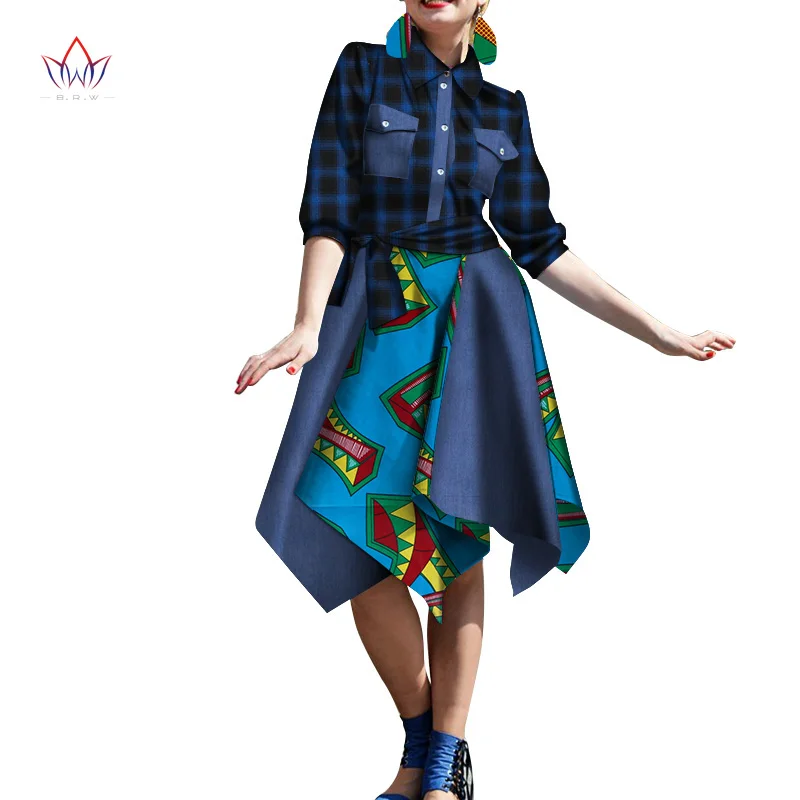 African Women Plaid Shirt Dress Fashion Half Sleeve Earring  African Clothing Dashiki Plus Size Sexy Party Dress WY3142