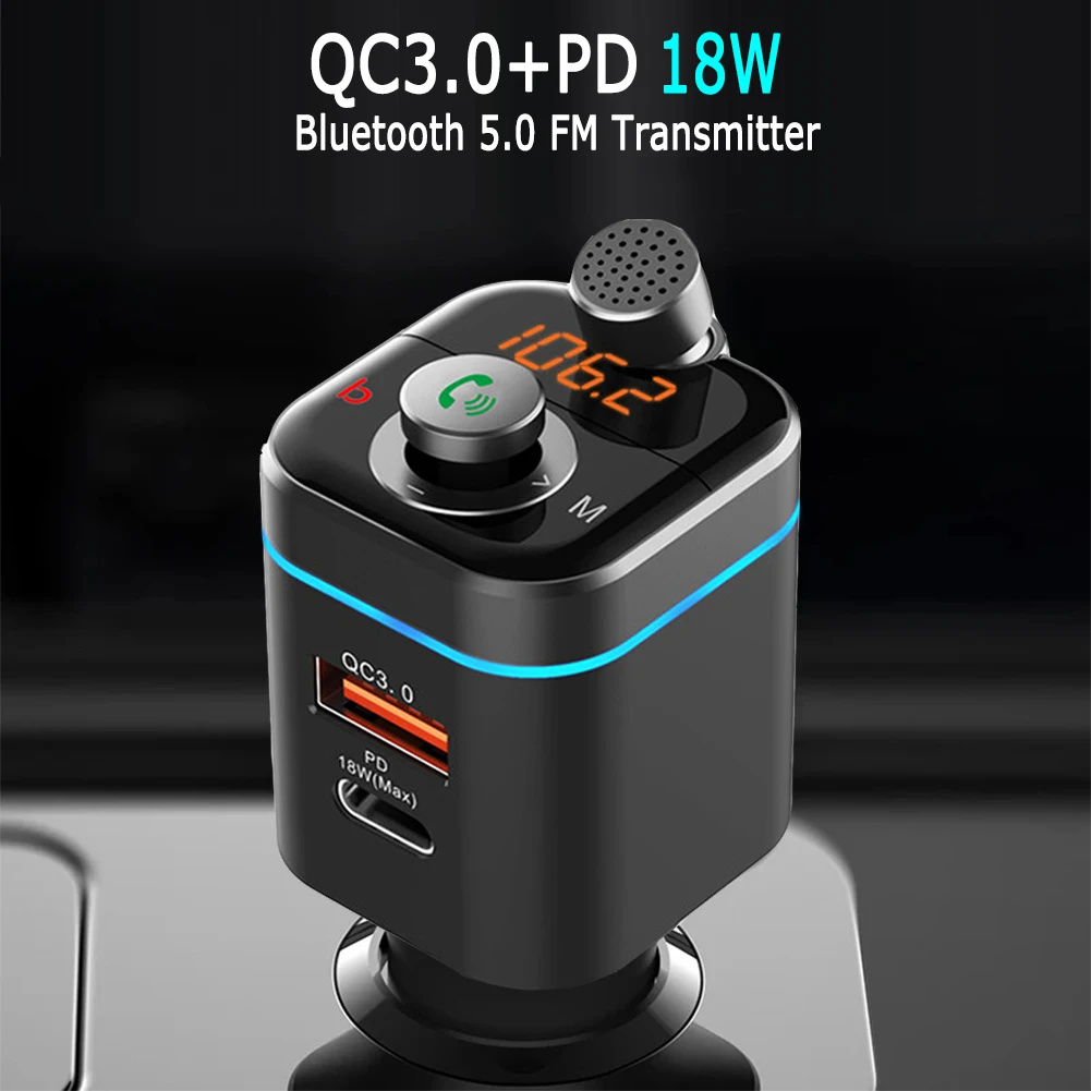 

Qc3.0+PD 18W Usb Charger Bluetooth 5.0 Car Kit Hands-Free Wireless Fm Transmitter with Rotatable Microphone Noise Reduction