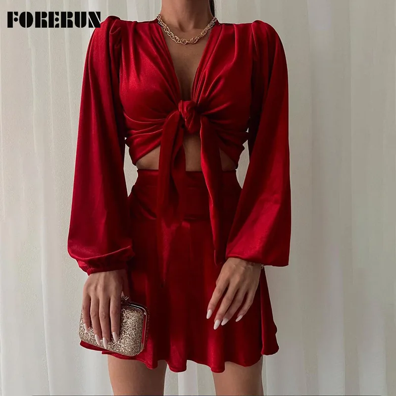 

Комплект из двух предметов FORERUN, женская элегантная бархатная бандажная юбка с длинным рукавом-фонариком, топ на шнуровке, плиссированная м...