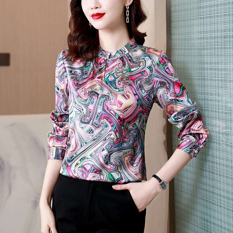 

Silk Womens Blouses 2021 Autumn New Satin Long-sleeve Office Lady Button Up Shirt Fashion Vintage Ladies Tops Blusa Mujer