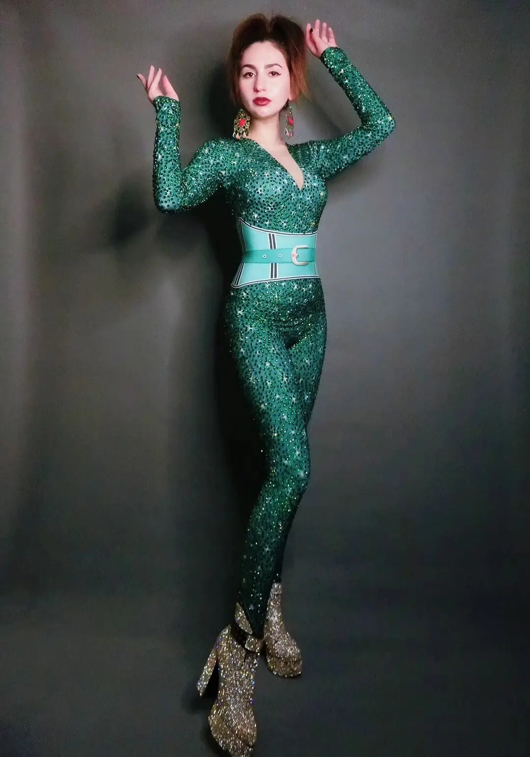 Female Singer Bar Nightclub Concert Costume Green Rhinestones Tight-fitting Jumpsuit Evening Performance Birthday Party Jumpsuit