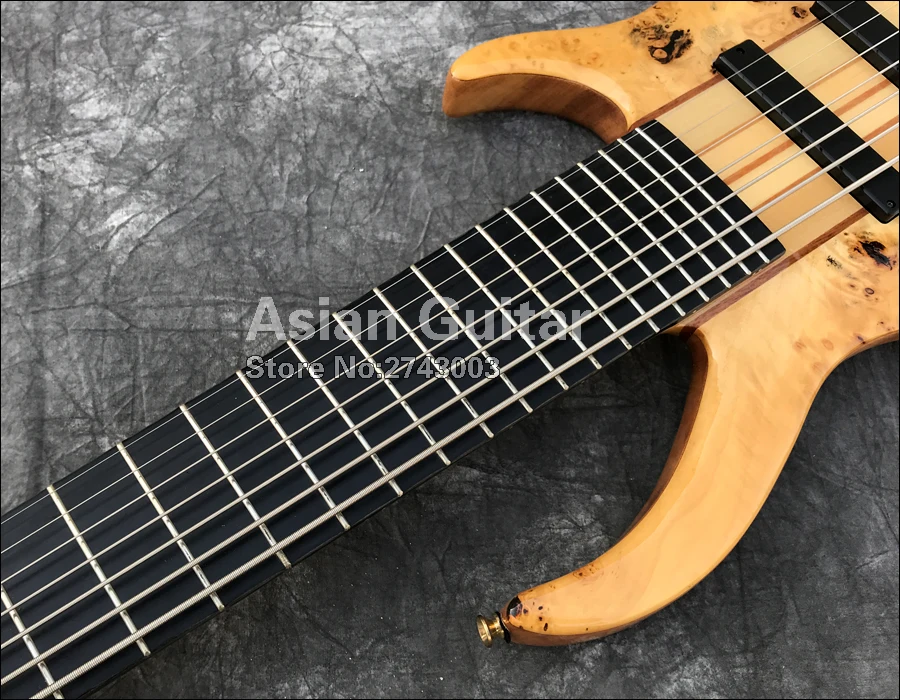 Вымершие 7 струн электрический бас, 11 шт. через шею, твердые Spalted кленовый заусенец, гриф из черного дерева, активные звукосниматели, реальные фото показывает
