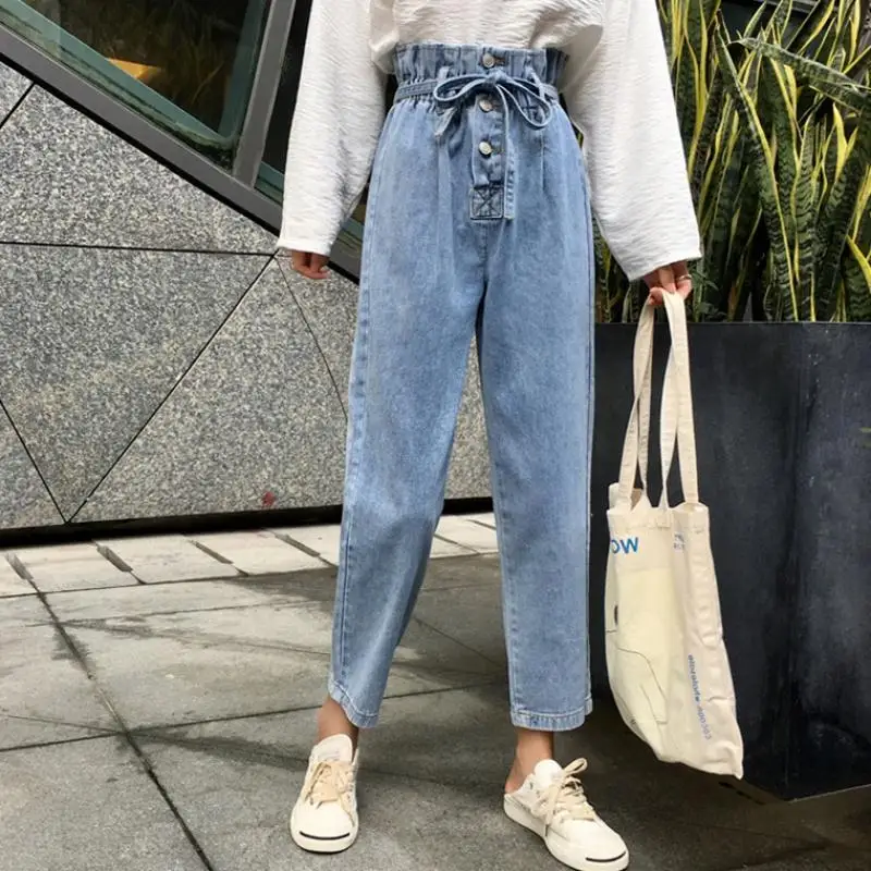 

Jeans Women Harem Denim Simple High Pleated Waist Buttons Students Ankle-length All-match Loose 3XL Plus Size Harajuku Fashion