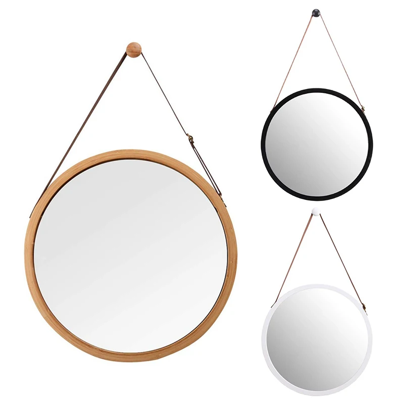 

Подвесное круглое настенное зеркало в ванной и спальне-прочная бамбуковая рамка и регулируемый кожаный ремешок