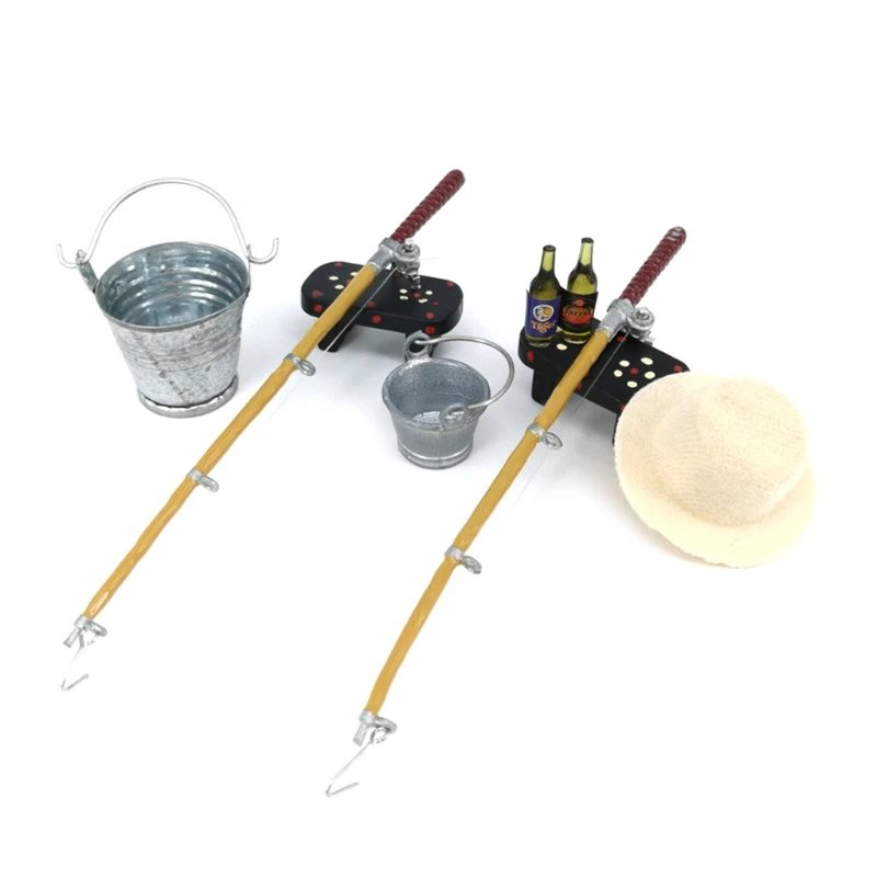 

1/12 Dollhouse Miniature Fishing Rod Hat Bucket Stool Model Doll Life Decoration 97BC