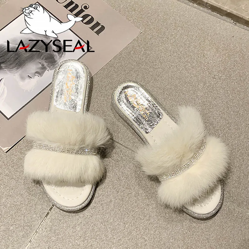 Beige LazySeal/шикарная обувь для ювелирных изделий; женские тапочки из натурального меха; домашние теплые пушистые тапочки на плоской подошве; женские шлепанцы; вьетнамки - Цвет: Beige