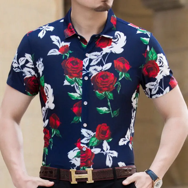 Мужская гавайская рубашка с коротким рукавом приталенная Camisa Masculina летняя