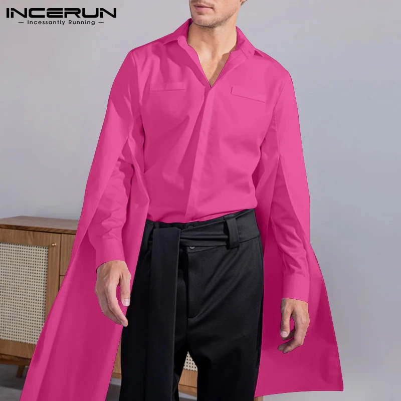 INCERUN Fashion Men Shirt Lapel Flare Long Sleeve 2023 Button Casual Men Clothing Solid Color Streetwear Personality Camisas 5XL