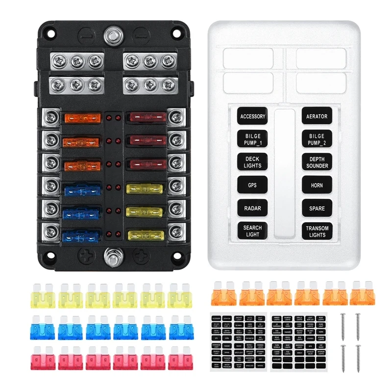 

12 Way Waterproof Fuse Box Fuse Block Standard Circuit Fuse Holder with LED Light for Car Boat Marine Truck SUV Yacht RV