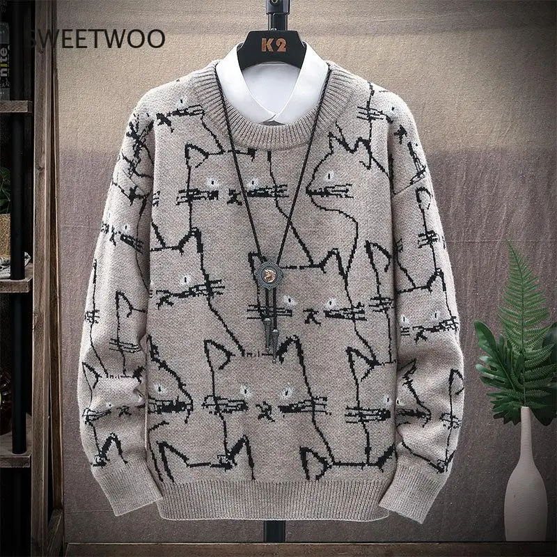

Мужские Зимние Повседневные свитера, мужской пуловер с рисунком мультяшного кота, вязаный мужской смешной свитер с круглым вырезом, утепленный теплый милый котенок