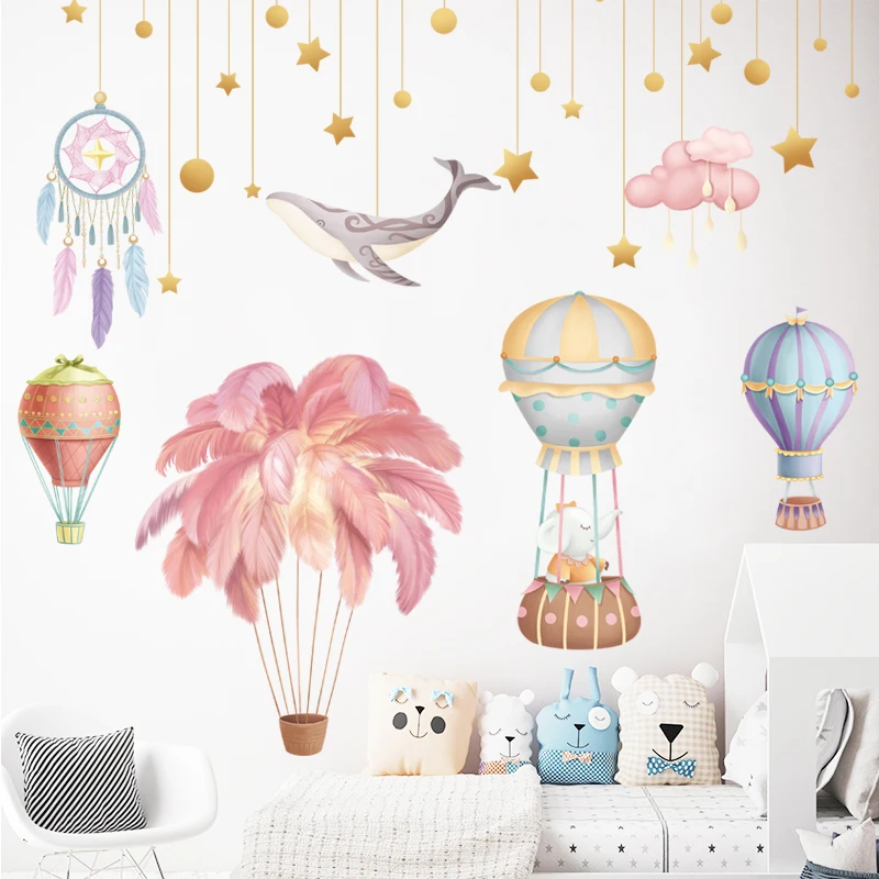 

Removable Wall Stickers Pink Hot Air Balloon Cartoon Baby Elephant Whale Starry Sky Wall Decal Kindergarten Classroom Decoration