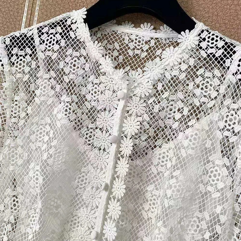 

Fashion Lace Runway 2021 High Quality New Arrival Summer Women White Black Hollow Out Pleated Long Dress