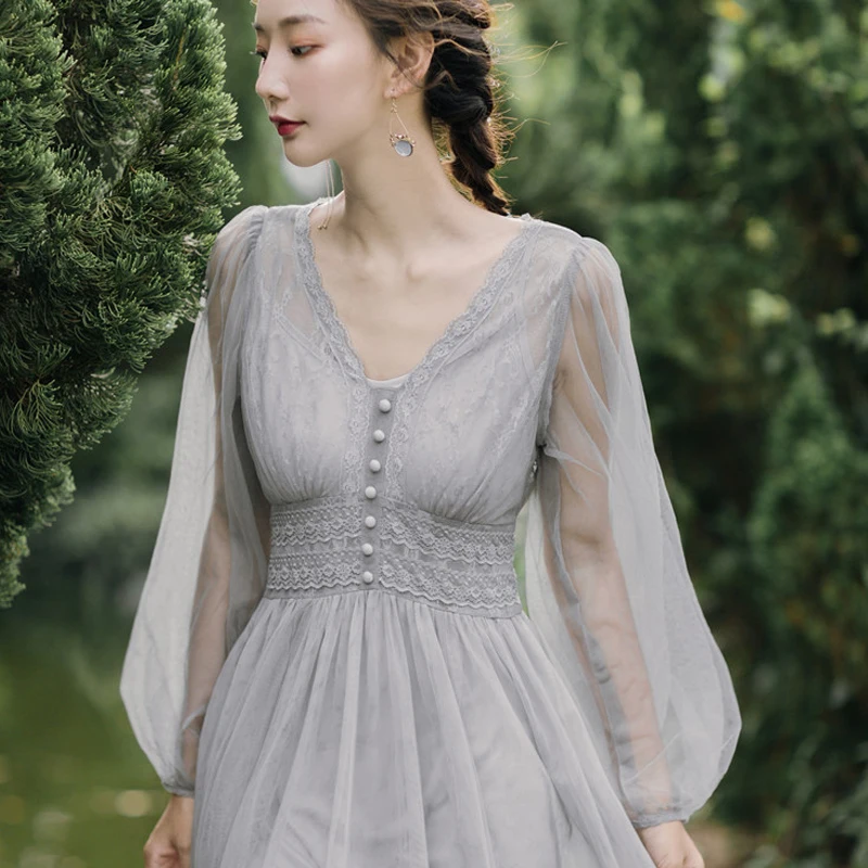 

Fall 2021 Brand New Women Dress V-neck Puff Sleeve Mesh Midi Dress Plus Size Fairy Tulle Lace Dress Elegant Long Dress
