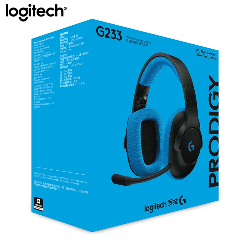 Синий Оригинальные Игровые наушники logitech G233 Conpatible с ПК/PS4/смартфонами и накладками гарнитура с проводным управлением для всех геймеров Microph - Цвет: Синий
