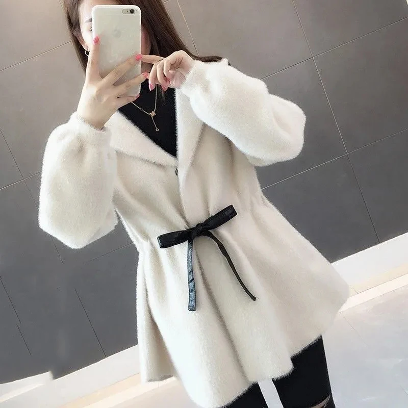 Женский флисовый кардиган с капюшоном повседневный однотонный вязаный из мягкой