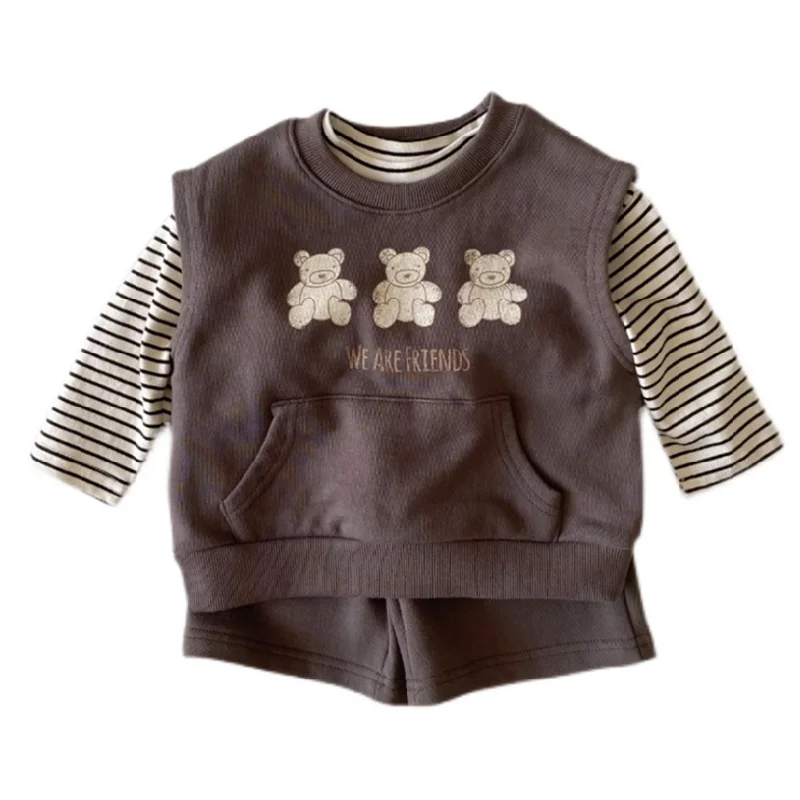 

Autumn New Toddler Baby Clothing Sets for Girl Bear Print Vest Striped Blouse and Shorts 3Pcs 2021 Christmas Cotton Boys Suit