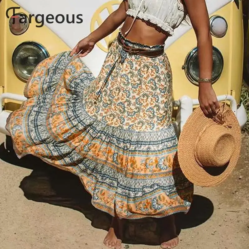 Длинная женская юбка в стиле бохо с оборками женские юбки цветочным принтом и