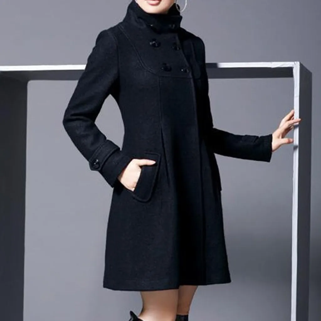 Женское зимнее шерстяное пальто с капюшоном однотонное двубортное средней длины