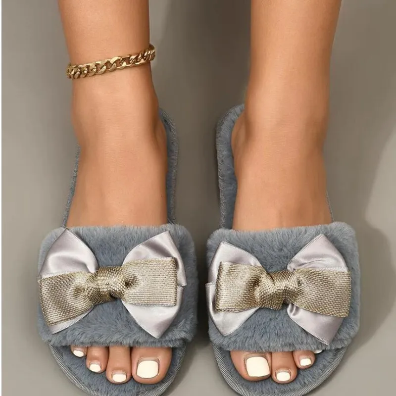 

Женские домашние тапочки на плоской подошве, зимние теплые меховые шлепанцы с бантом и открытым носком, удобные женские сланцы