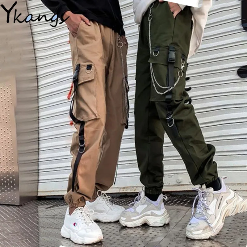 Harajuku Cargo Pants Chain Pockets Ankle Trousers High Waist Chain Hip-hop Safari Style Harem Pants Women Men Korean Pants 2020