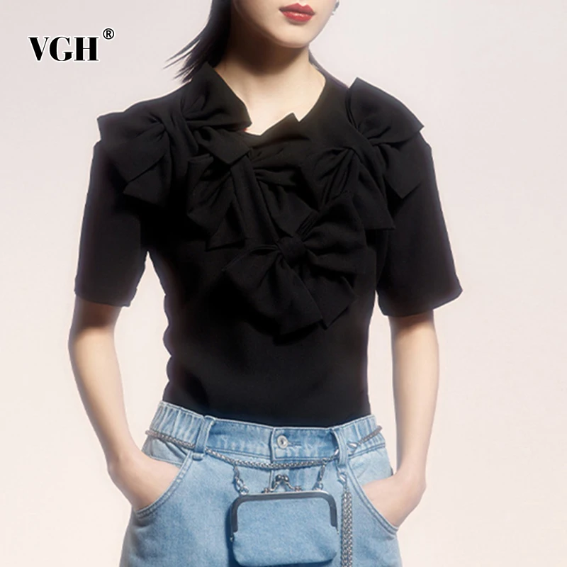 

VGH Casual Patchwork Bowknot T Shirt For Women O Neck Short Sleeve Minimalist Slim T Shirts Female Summer Fashion Clothing Style