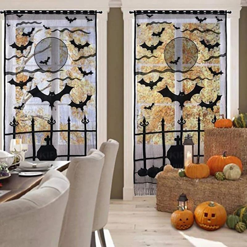 Шторы на Хэллоуин с черными летучими мышами и кружевом для окон и дверей для украшения.