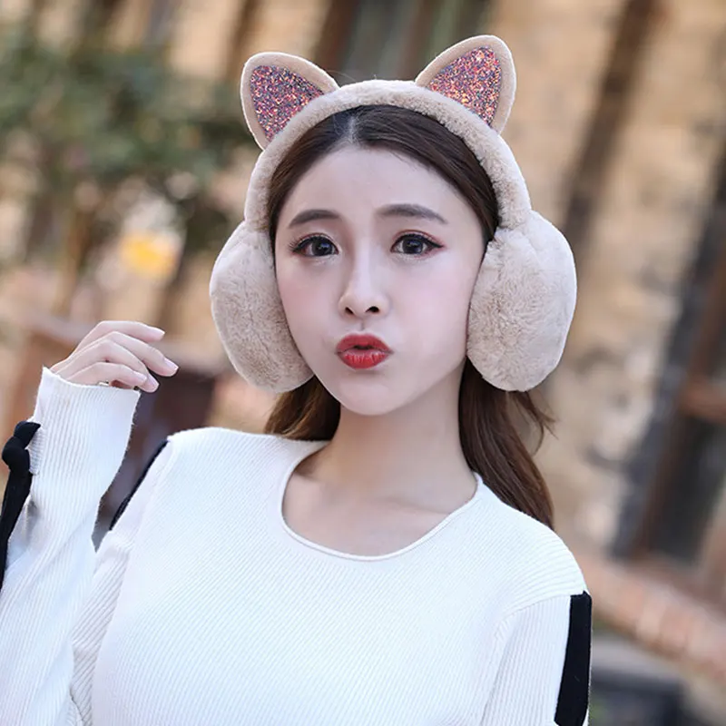 

Cute Cat Fur Headphones New Warm Headphones For Women Faux Fur Glitter Sequin Earmuffs Winter Earmuffs Fur Headphones For Girls