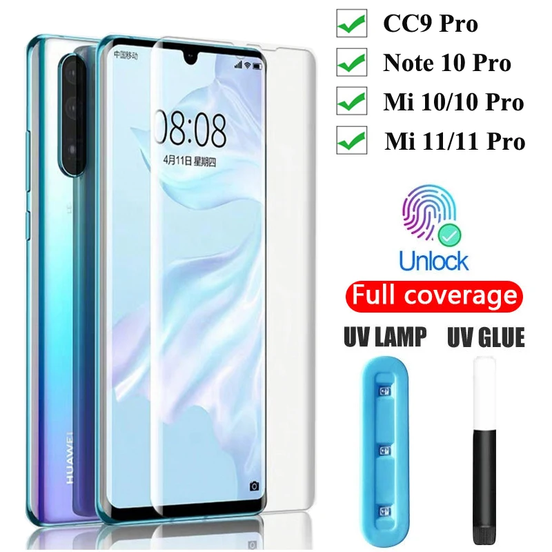 

For Xiaomi Mi CC9 Pro UV Full Glue Cover Screen Protector Film for Xiaomi Note 10 lite full Tempered Glass For XiaoMi 11 10 pro