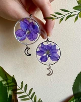 pressed real flower moon earrings with purple larkspur dangle earrings boho jewelry unique earrings