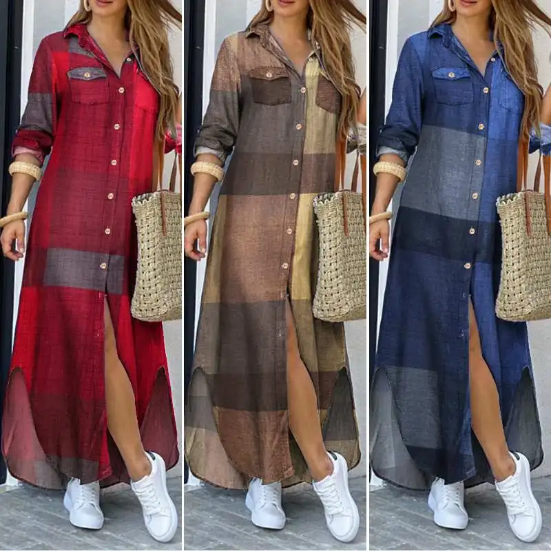 

Fashion Female Longue Robe Women Autumn Vintage Long Sleeves Maxi Shirt Dress ZANZEA 2023 Casual Plaid Vestidos