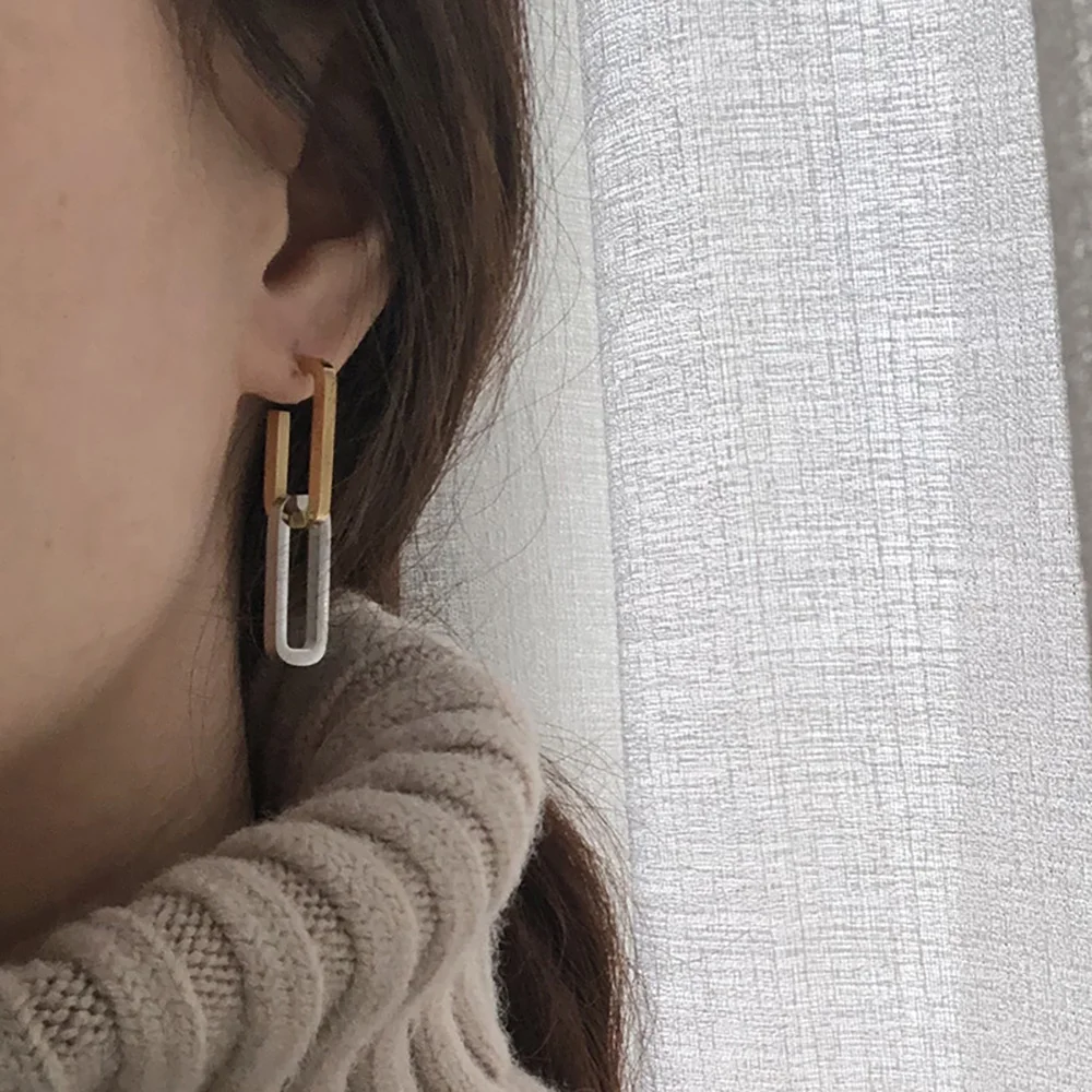 

2022 Tarnish Free New Stylish Asymmetric Gold&Silver Color Hollow Square Chain Stainless Steel Drop earrings For Women