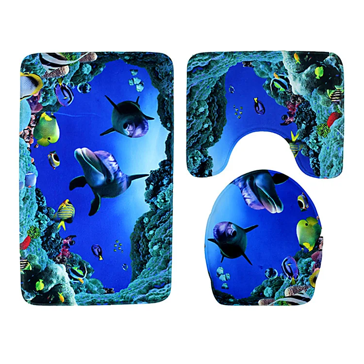 

Zeegle 3pcs/set Ocean Pattern Bath Mat Bathroom Anti-slip Mat Set Flannel Absorbent Toilet Rug Bathroom FLoor Mat For Toilet