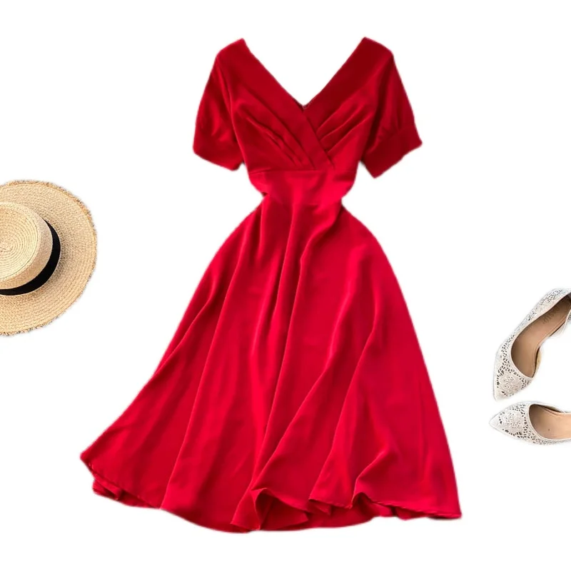 

0 Spring New Retro Vestidos Women's Cross Pleated V-neck Short-sleeved Waist And Thin Platycodon Midi Dress C735