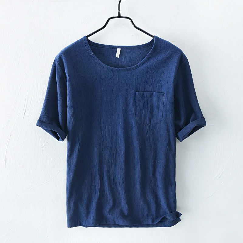 

O-neck Short Sleeve Summer Cotton Linen Solid Comfortable Casual Male Pullover Men's T-Shirt