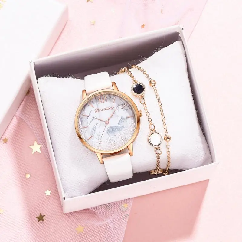 

Fashion Women Watch Deer Pattern Bearing Roman Numeral Ladies Watch Simple Big Scale PU Strap Quartz wristwatch Bracelet Relojes