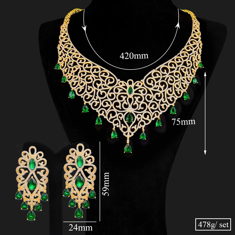 

missvikki Luxury Blue Crystal Waterdrop Charms Tassel Drop Jewelry Set For Women Wedding Cubic Zircon Dress Necklace Earring Set