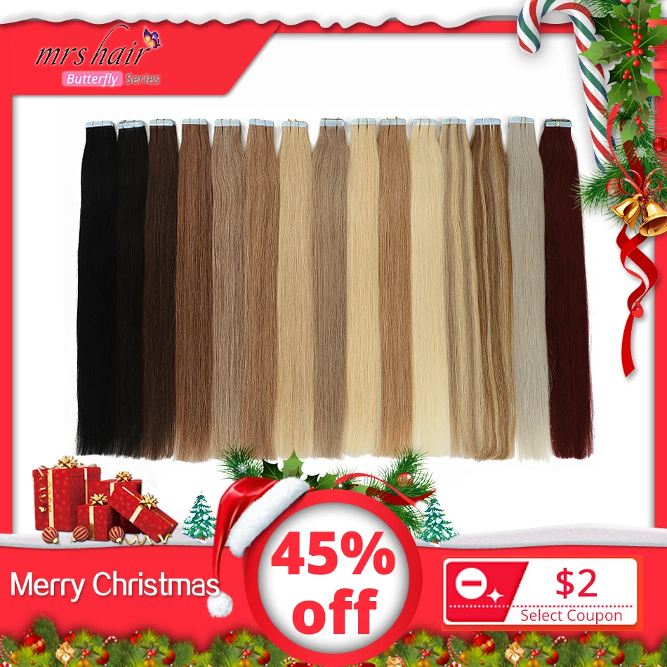 MRSHAIR 6# кожи уток человеческих волос прямой 20 штук ленты в расширение номера Волосы remy двухсторонней ленты для волос 1" 18" 2" 22" 24"