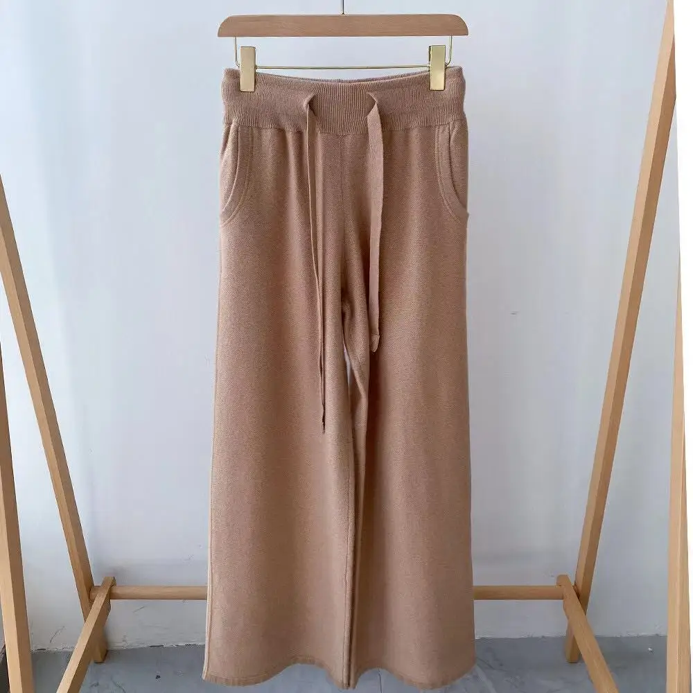 

Women Spring 2021 Cashmere Pants Warm Female Casual Long Pants Loose Waist Elastic Pockets Hot Sale Knitted Trousers