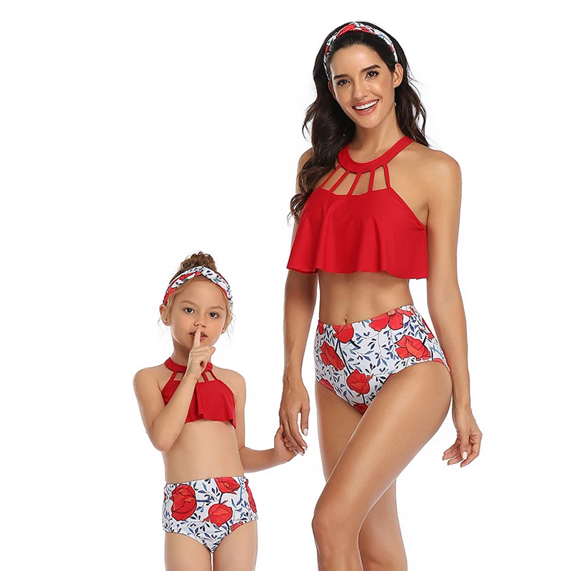 Детский купальник бикини с оборками и высокой талией комплект купальной одежды