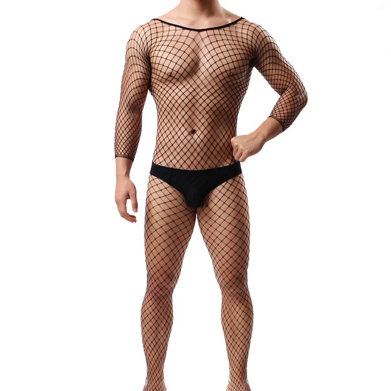 

Mens Sexy Fishnet Bodysuit Mesh Lingerie Bodysuit Sheer Crotchless Lace Full Body Pantyhose Clubwear Gay Men Sissy Bodystocking