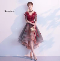 new 2020 flower party dresses burgundy color v neck elegant pear short front long back high low party dress