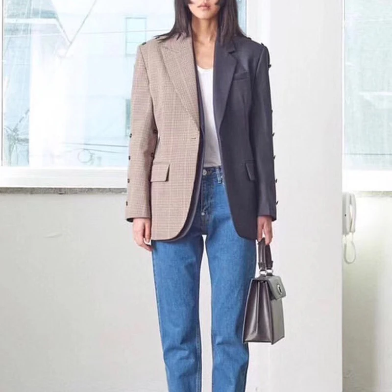 TWOTWINSTYLE корейский стиль, лоскутные женские блейзеры в клетку с зазубренным длинным рукавом и карманом, женские блейзеры, осенняя мода, OL новая одежда